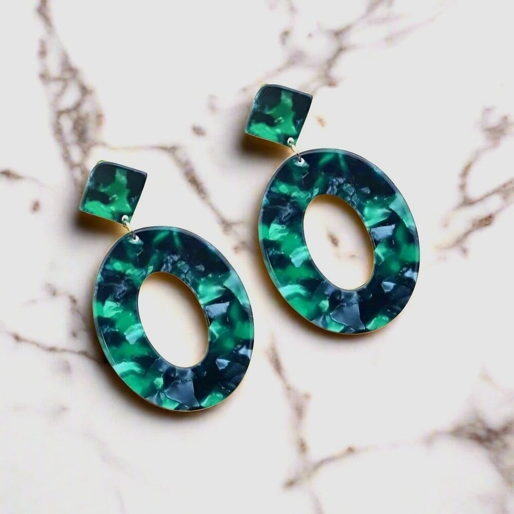 Zinnia Arts Abstract Pattern Large Oval Earrings Dark Green Gift Packaged - Picture 8 of 8